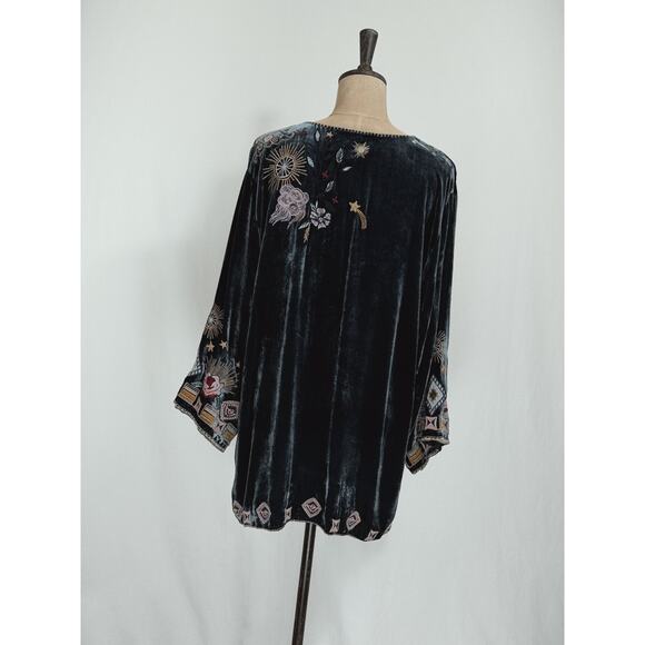 Johnny Was Steel Blue STUNNING Embroidered Velvet Tunic Blouse XL #0052 - Picture 4 of 11